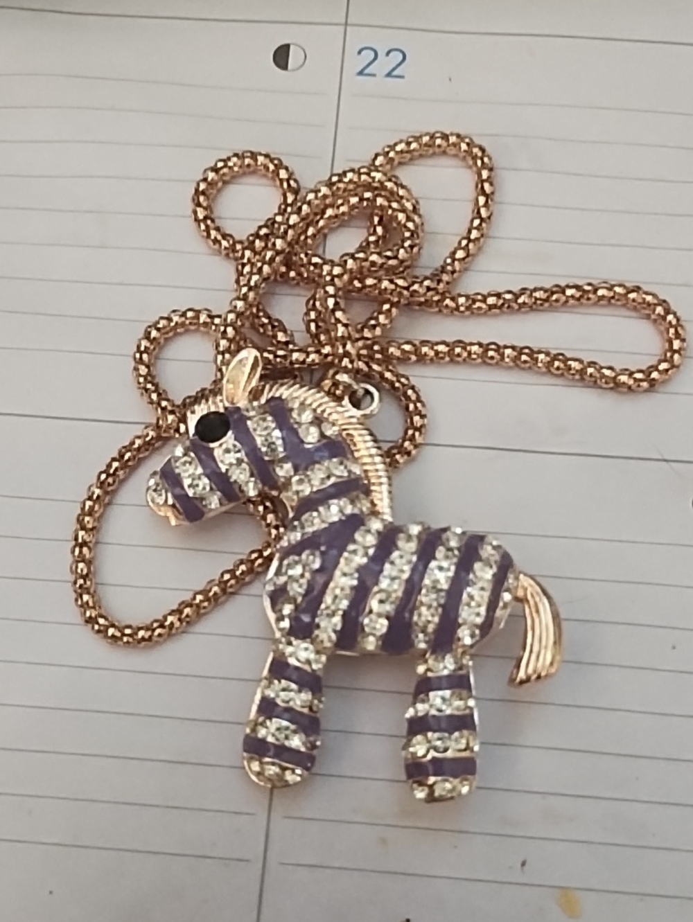 Cute Zebra Pendant Necklace, Purple Enamel Stripes, Clear Crystals, Gold Accents